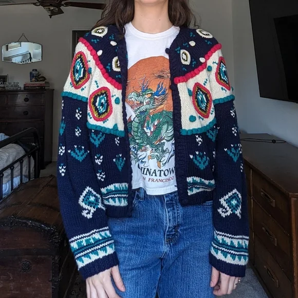 ‼️ SOLD Vintage Knit Pom Pom Cardigan Sweater - Picture 4 of 5